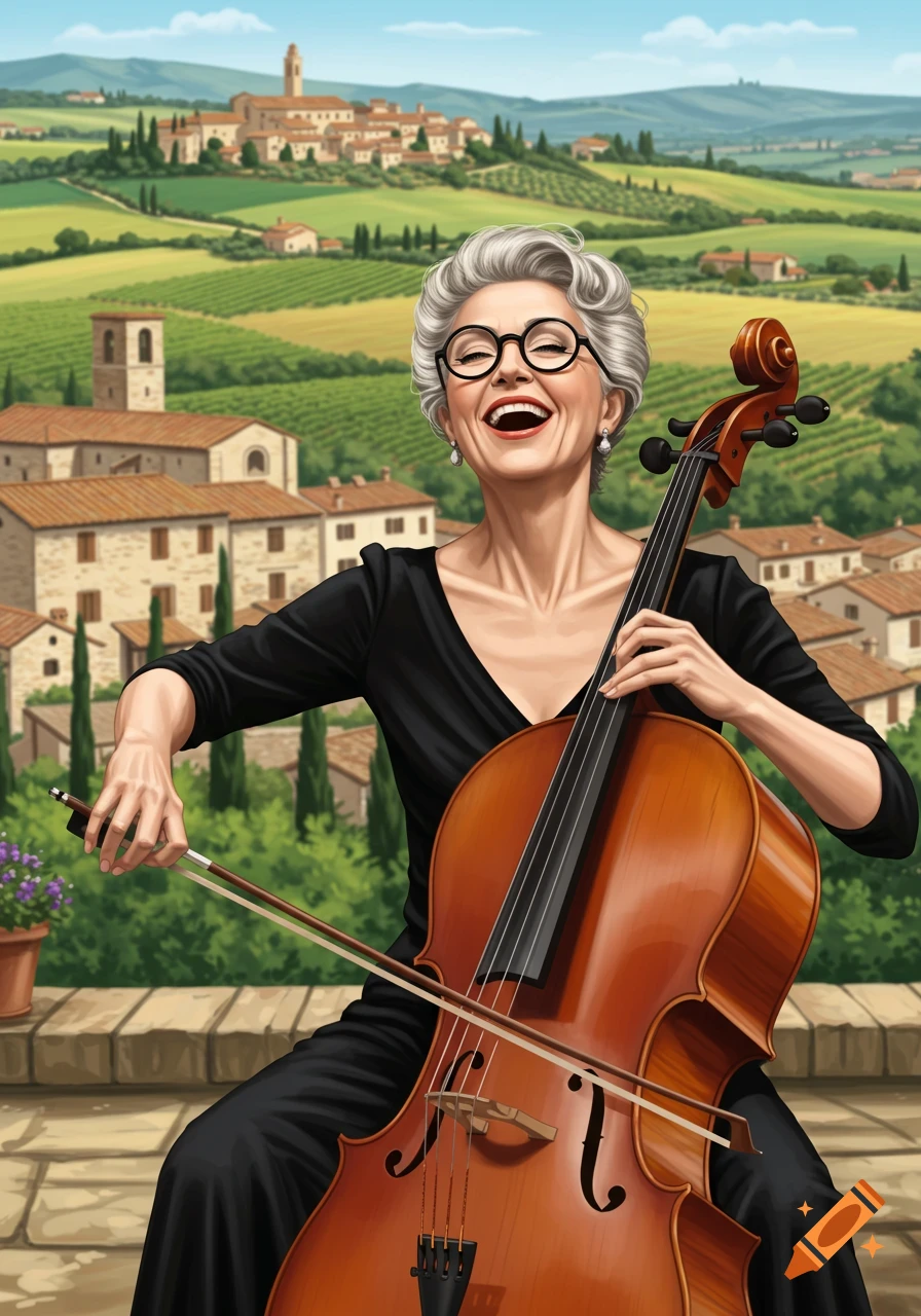 An elderly woman with grey hair and glasses, laughing while playing a cello on a balcony overlooking an Italian village and vineyards, in an illustrative style.
