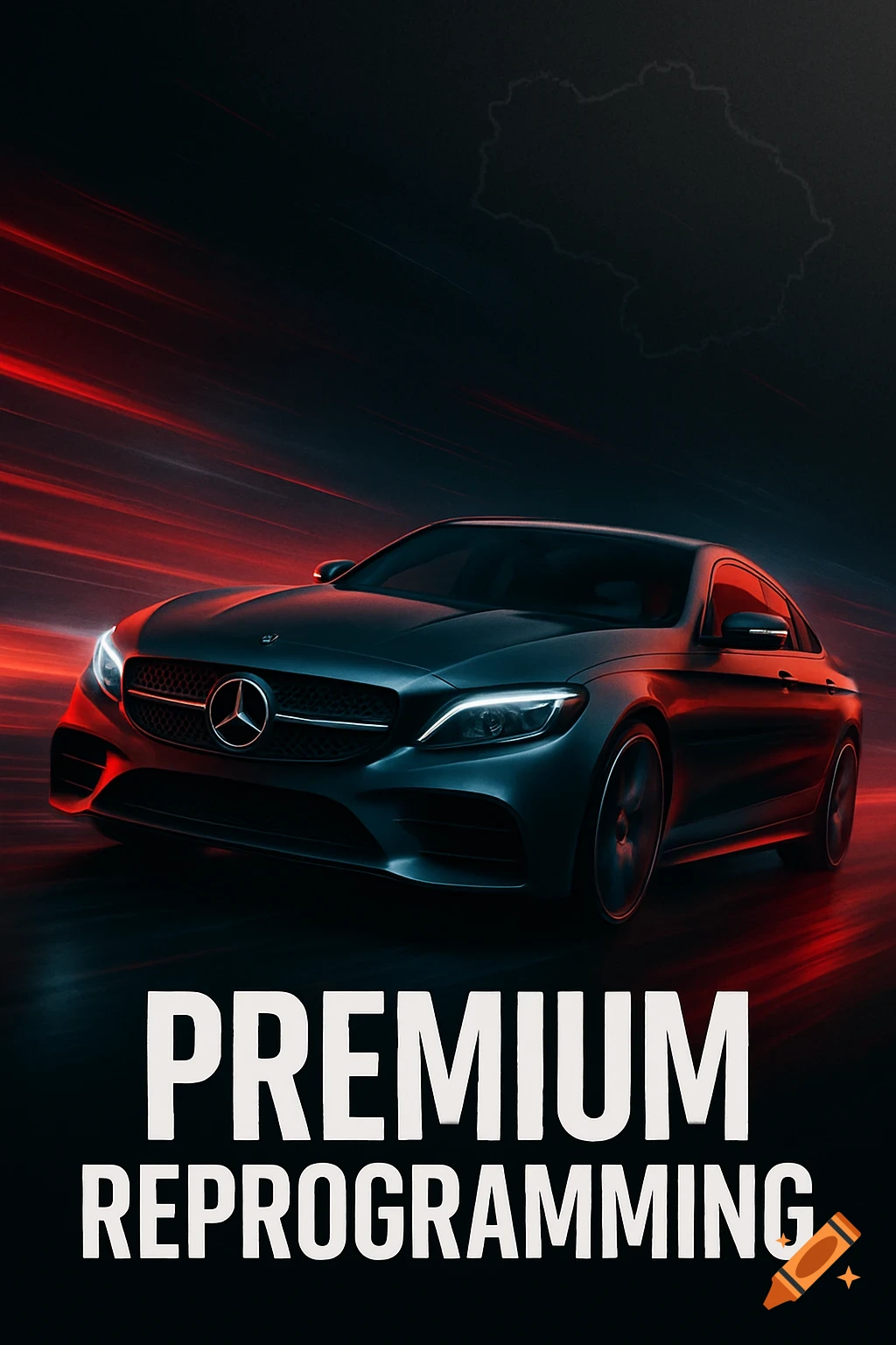 A dark Mercedes-Benz car drives through red and black speed lines, with white text at the bottom reading 'PREMIUM REPROGRAMMING'.