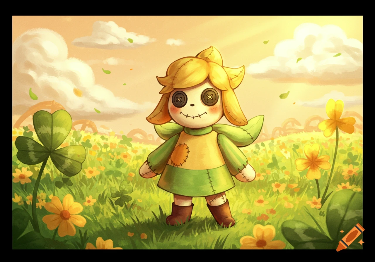 A cute, stitched doll character with button eyes in a field of yellow flowers and clovers under a bright sky, illustration.