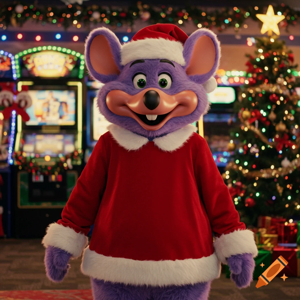 Photorealistic image of Chuck E. Cheese in a Santa suit in a festive arcade with Christmas decorations and a tree.