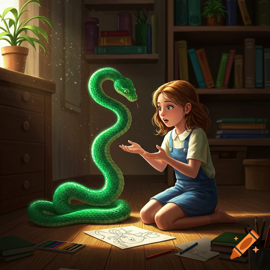 A young girl kneels, looking surprised at a glowing green snake that has appeared from her drawing on the floor, in a room with a bookshelf.