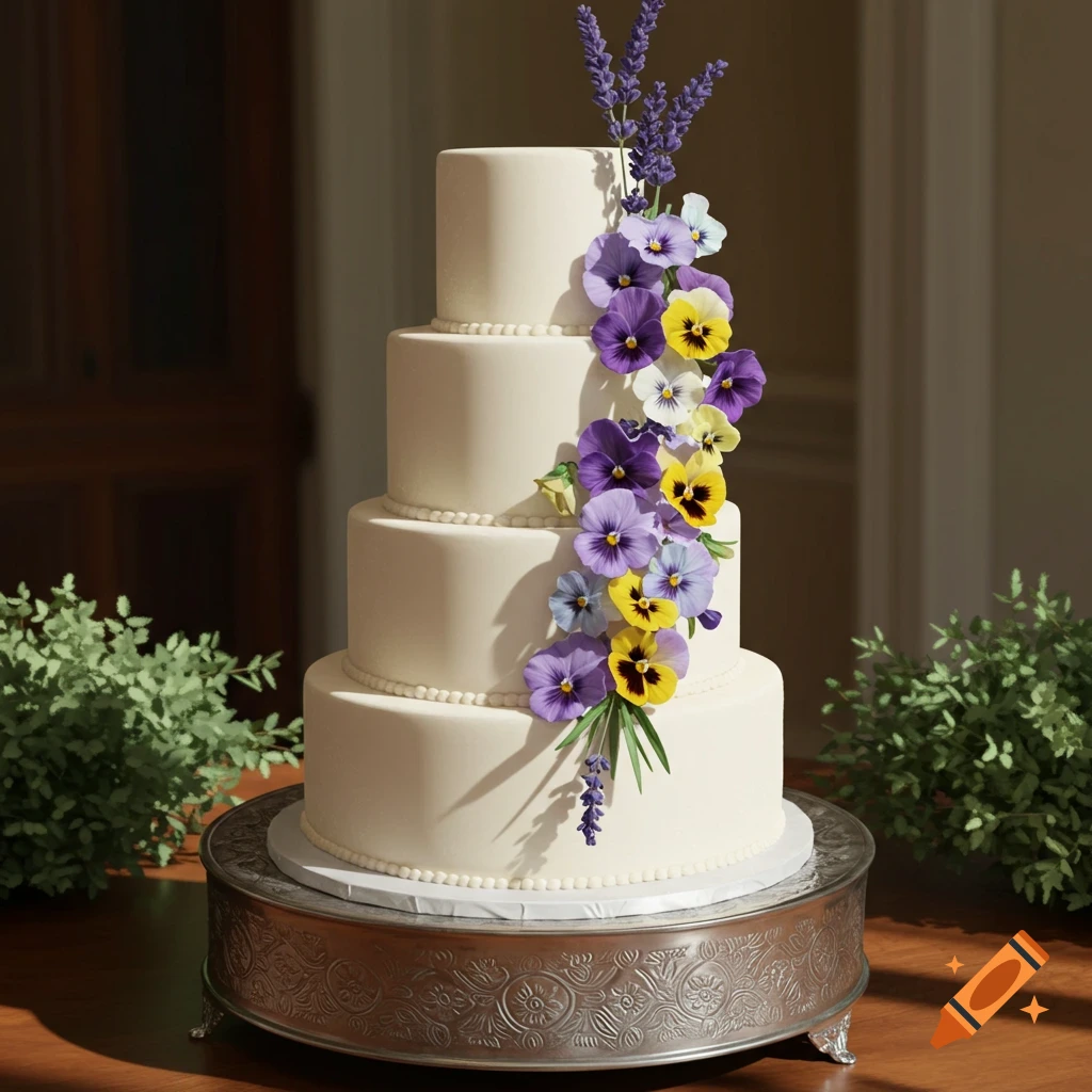 Four-tier white wedding cake decorated with purple and yellow pansies and lavender, on an ornate silver cake stand.
