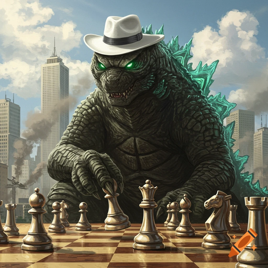 Godzilla in a white fedora playing chess in a city, moving a queen piece, with skyscrapers under a cloudy sky.