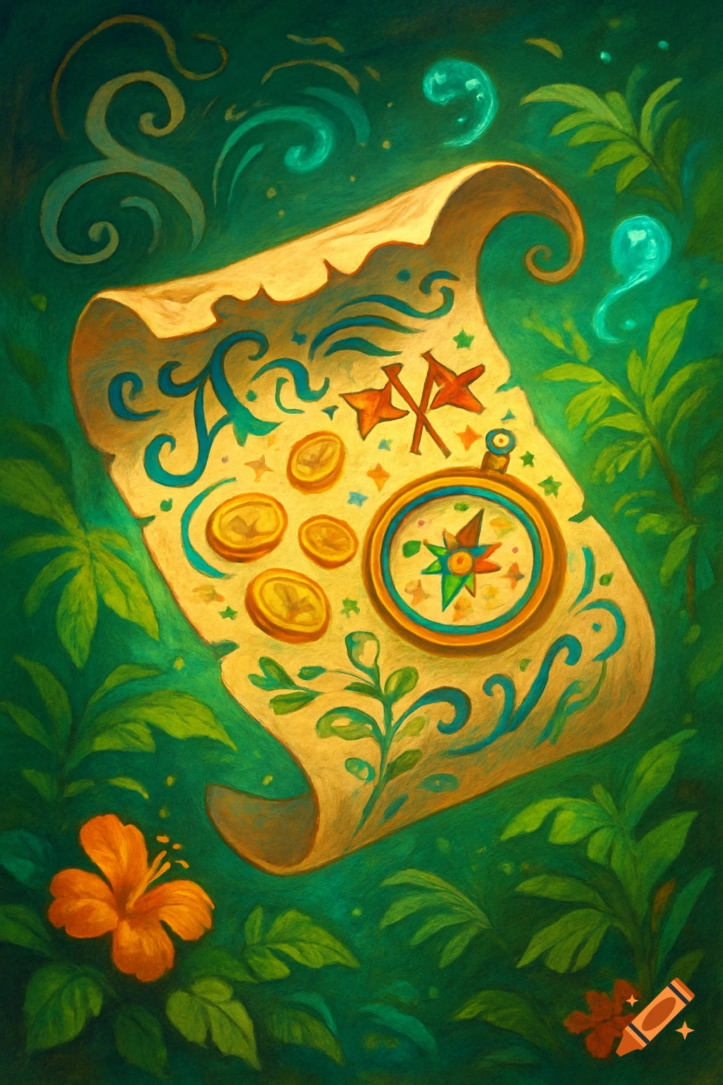 Stylized illustration of a treasure map with gold coins, flags, and a compass, surrounded by green leaves and orange hibiscus flowers.