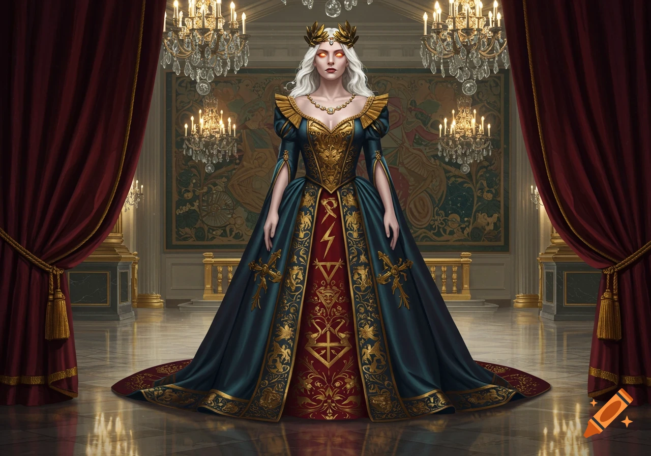 A powerful woman with white hair and glowing eyes in an ornate teal and gold gown stands in a grand, chandelier-lit hall, digital art.