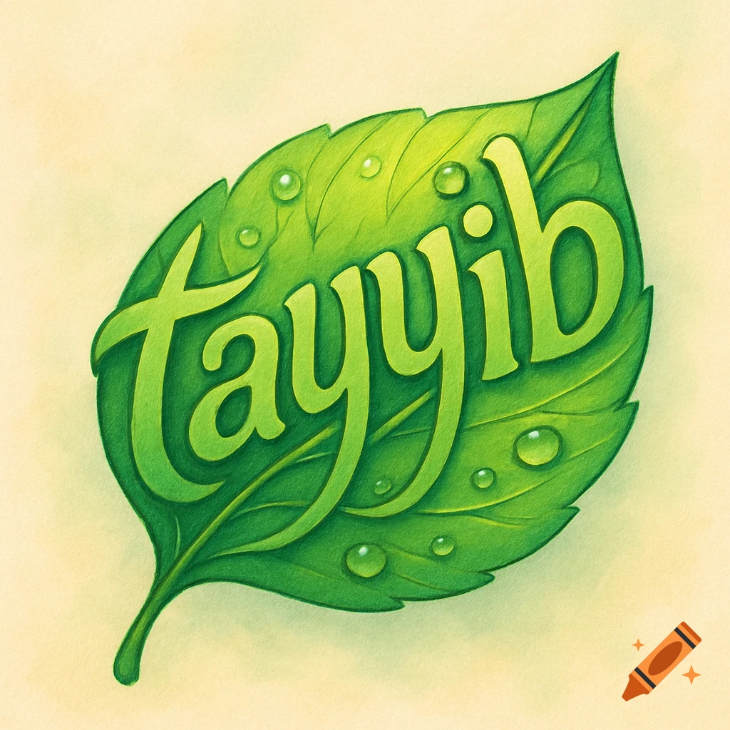A vibrant green leaf with the word 'tayyib' in an organic, playful font, adorned with water droplets.