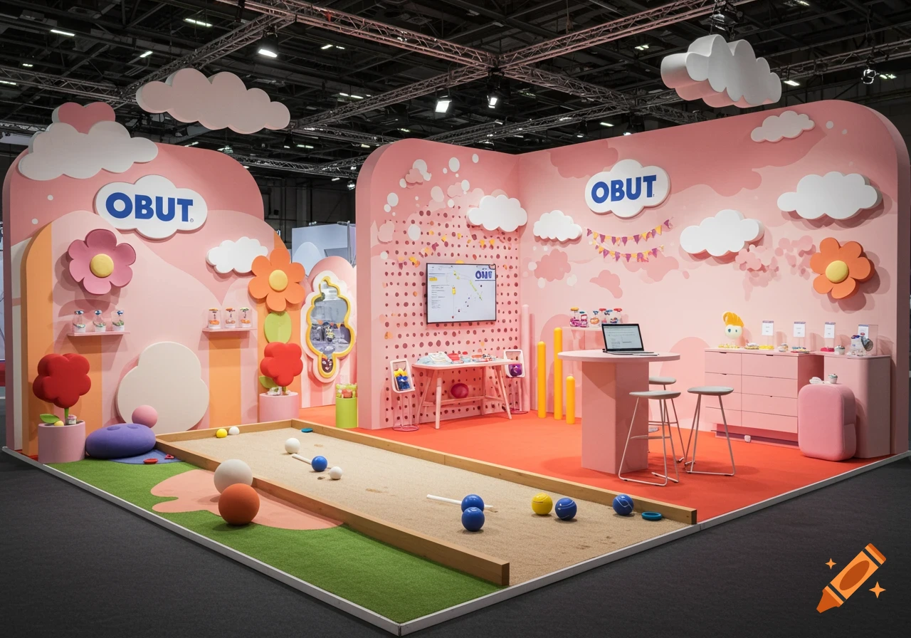 Colorful OBUT exhibition stand for children's pétanque balls, featuring a mini sandy court and pink decor.