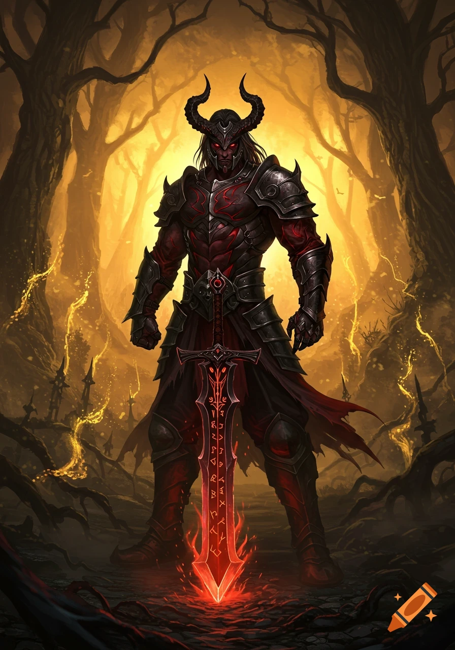 A fearsome horned warrior in dark red and black armor holds a glowing red runic sword in a fiery, dark forest.