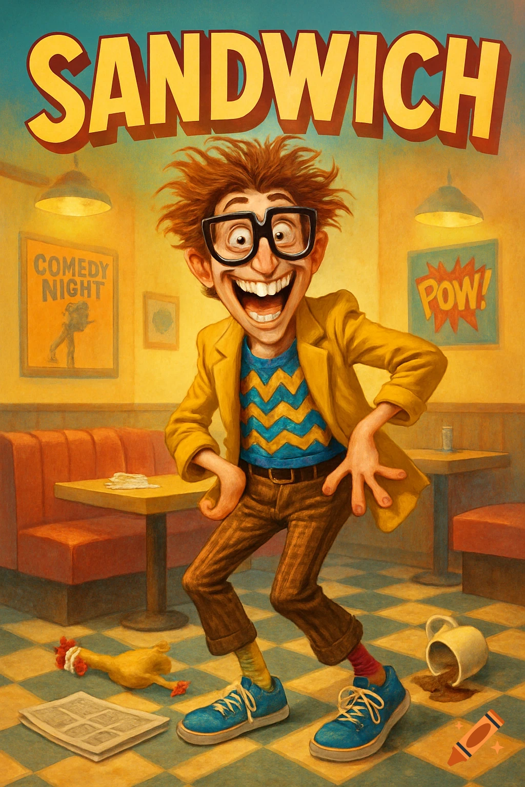 Cartoon of an excited, messy-haired man in big glasses standing in a diner. A rubber chicken and spilled coffee are on the floor. Text says 'SANDWICH'.