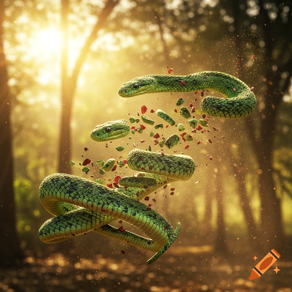 Multiple green snakes appear to disintegrate into pieces amidst a sun-drenched forest, with light particles and fragments scattering.