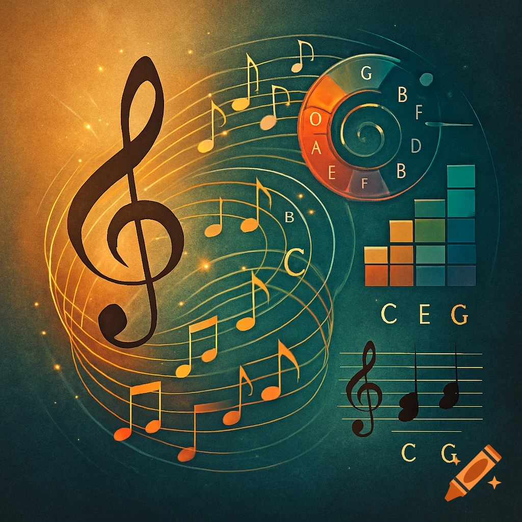 An abstract illustration of music theory with a large treble clef, scattered musical notes, a spiral diagram with musical letters, colorful bar charts, and a musical staff with notes and chords.