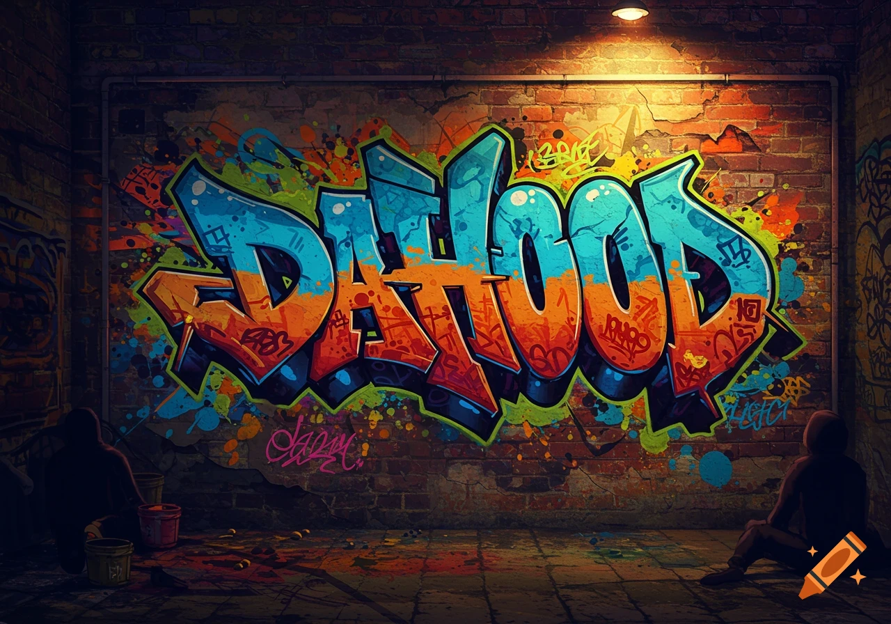 Vibrant graffiti art spelling 'DAHOOD' on a brick wall in a dimly lit urban alley, with two silhouetted figures.