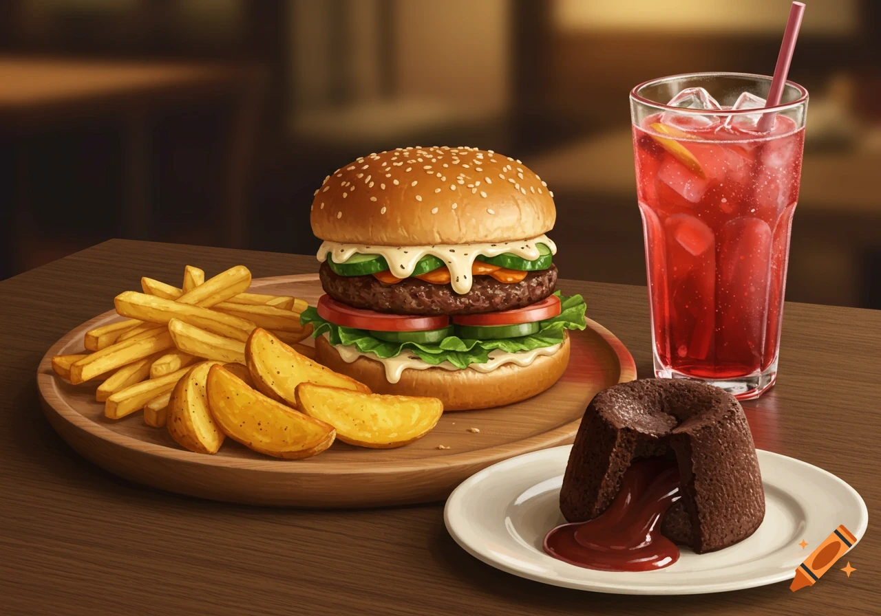 A close-up shot of a burger, fries, potato wedges, a red drink with ice, and a chocolate lava cake with red coulis on a wooden table.