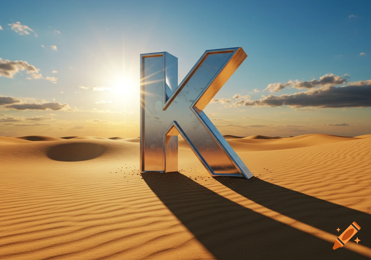 A large, metallic letter K stands in a vast desert landscape at sunset, casting a long shadow.