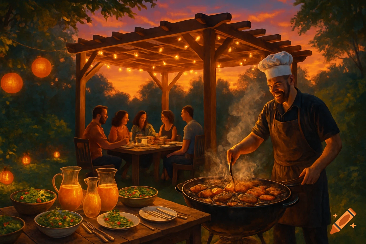 A chef grills meat at a lively outdoor barbecue party under a lit pergola at sunset, with friends dining at a nearby table filled with salads and drinks.