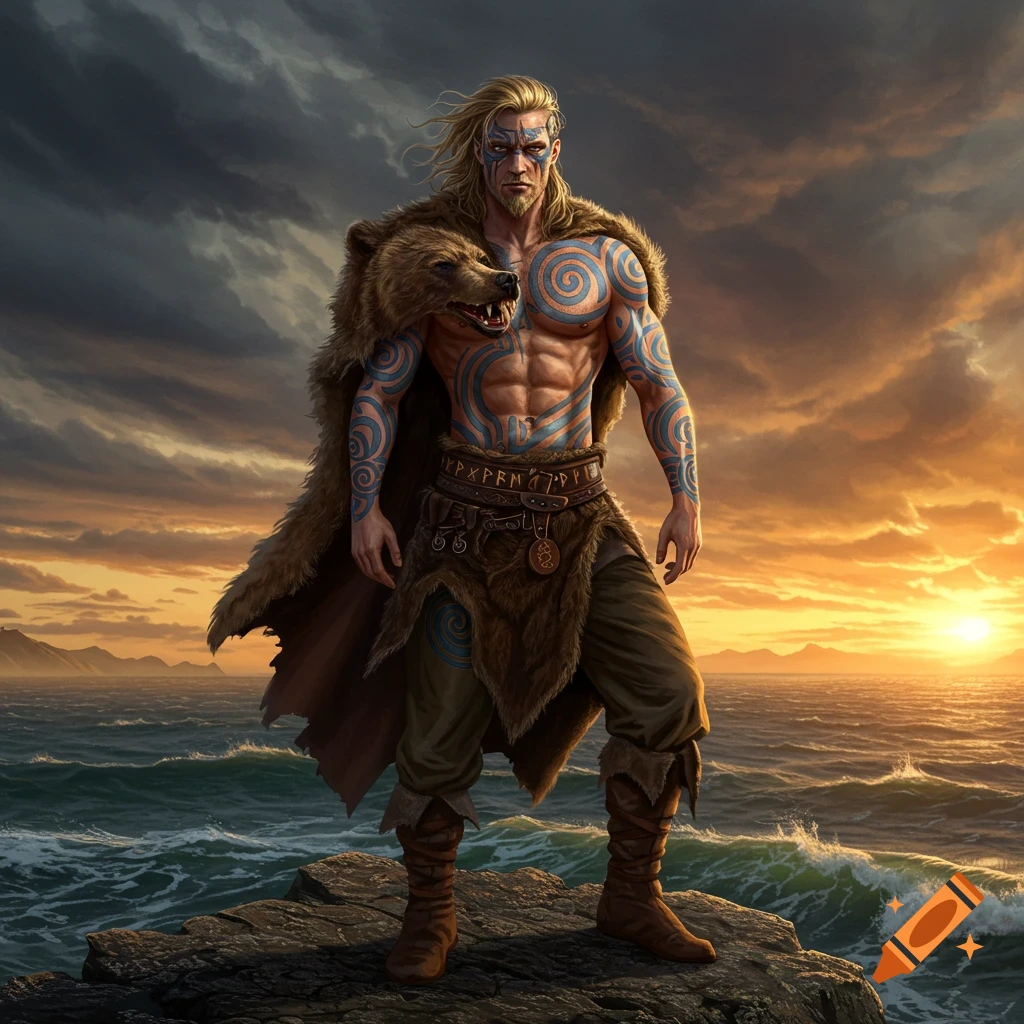 Muscular Viking warrior with blue tattoos and bear pelt cloak stands on a cliff overlooking a stormy sunset ocean, photorealistic fantasy art.