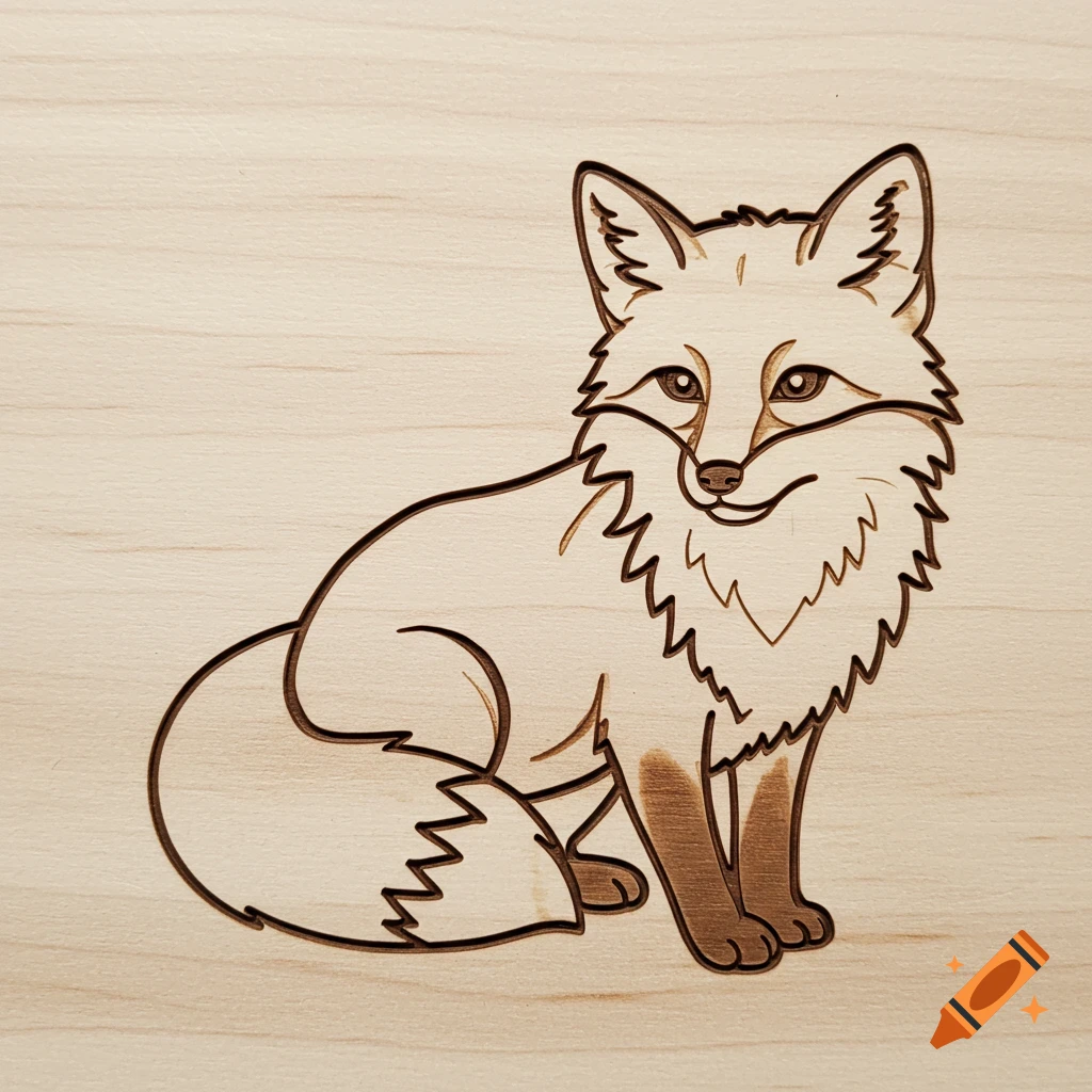 A cute, outlined fox illustration, resembling a laser engraving on light wood.