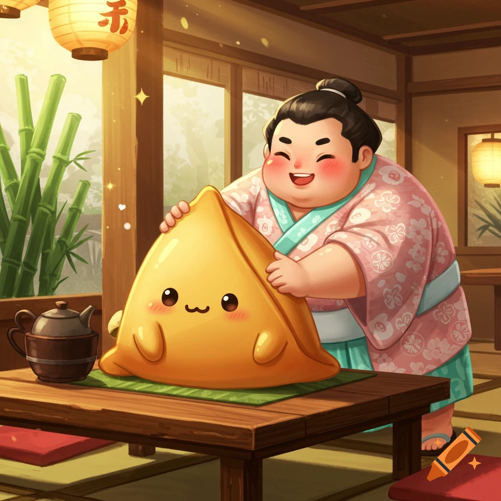 Cute cartoon sumo wrestler in a kimono massaging an anthropomorphic samosa in a traditional Japanese room.