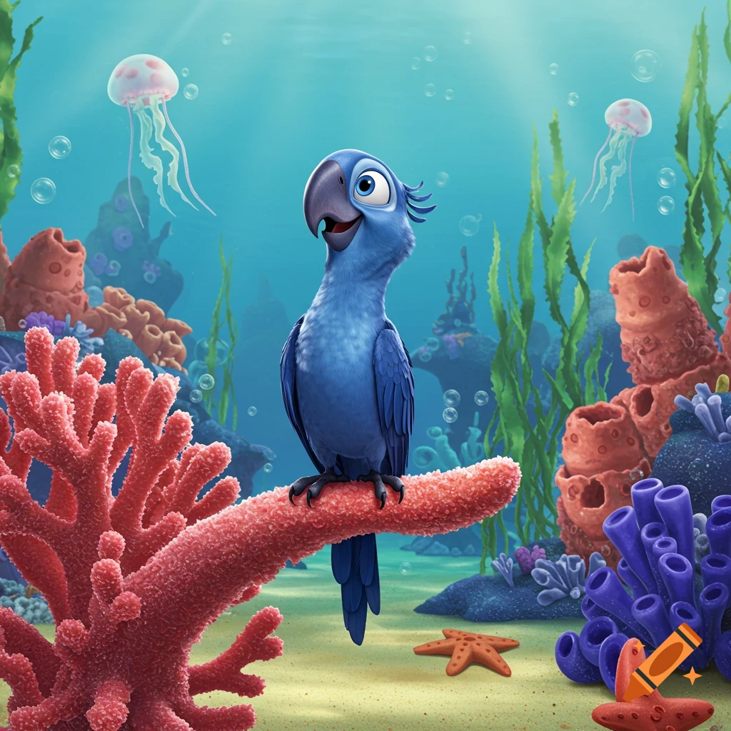 A cheerful blue parrot, Blu from Rio, perches on red coral in a vibrant cartoon underwater scene with jellyfish and starfish.