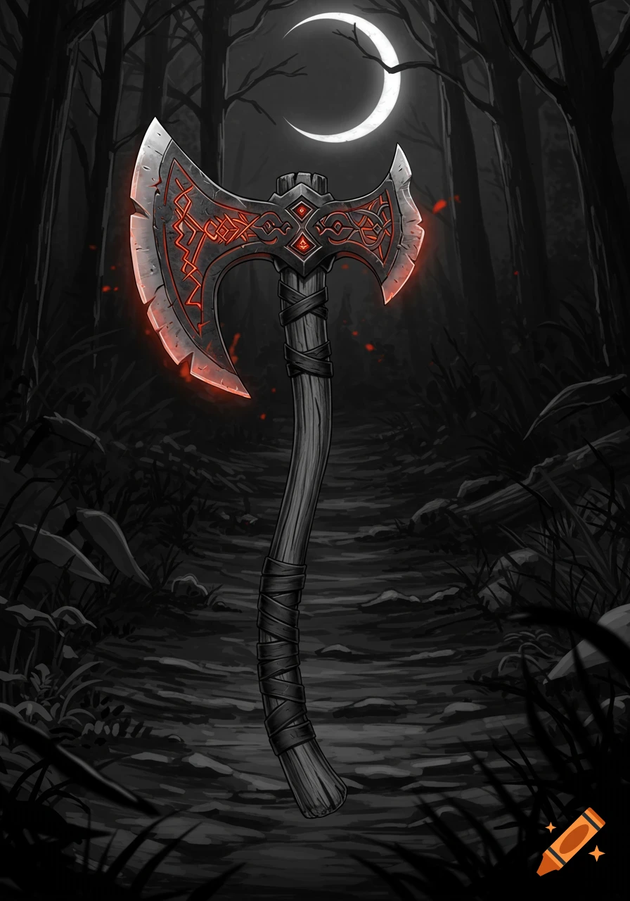 A stylized glowing red axe stands upright in a dark, ominous forest under a crescent moon, drawn in a medieval fantasy style.