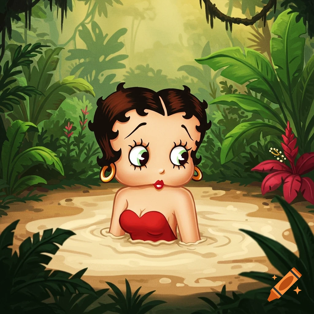Betty Boop looking worried while submerged in quicksand in a lush jungle setting.