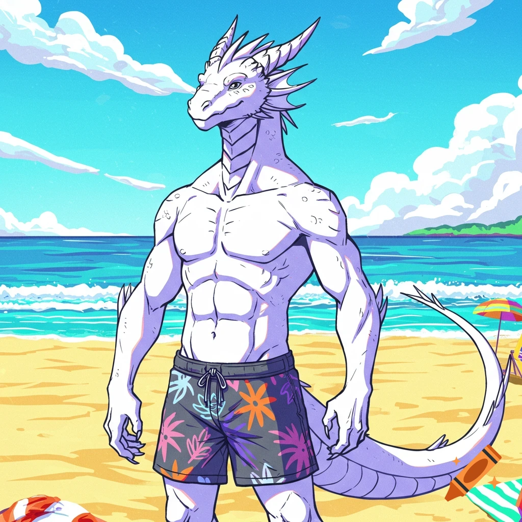 Pop art illustration of a muscular white-scaled dragonborn in patterned swim trunks standing on a sunny beach.