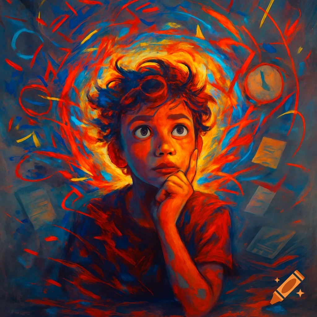 A pensive child with curly hair, hand to chin, looks up amidst a vibrant, chaotic swirl of red, orange, and blue abstract paint strokes.