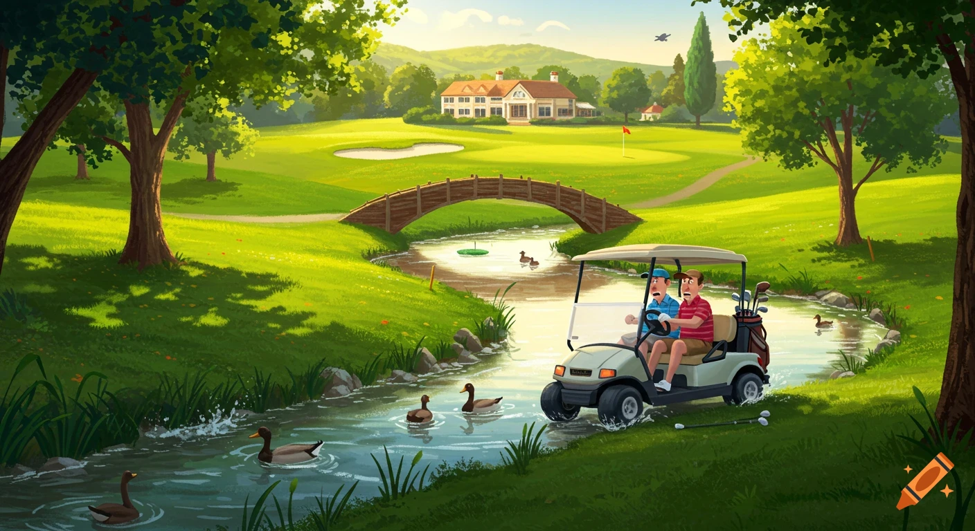 Two cartoon golfers look surprised as their golf cart drives into a river on a lush, sunny golf course with a large house.