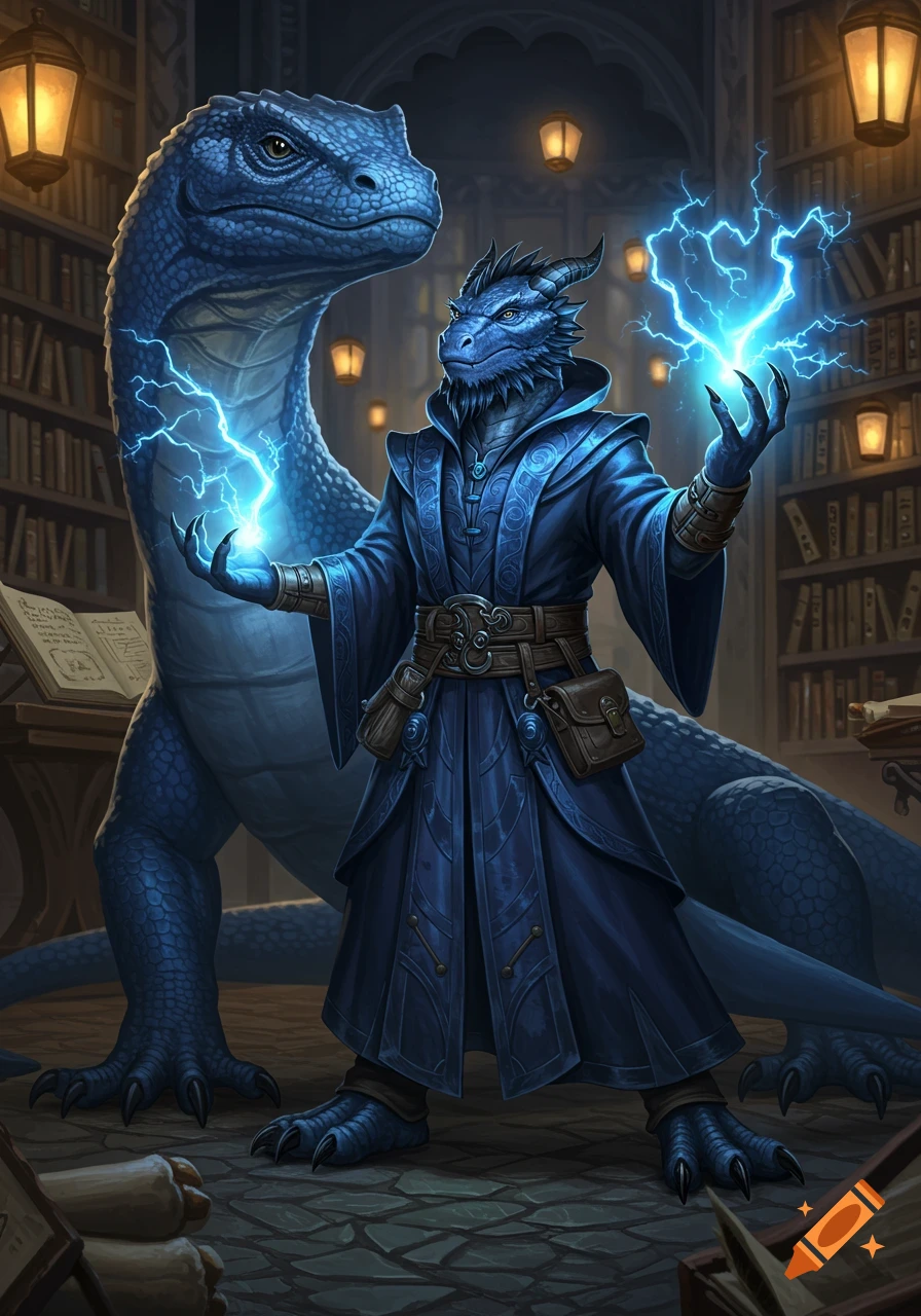 A blue dragonborn wizard casts blue lightning, standing next to a large blue lizard in a dimly lit library.