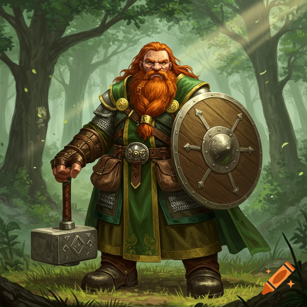 A red-haired dwarf warrior in green chainmail and leather, holding a hammer and round shield, stands in a forest. Fantasy art style.