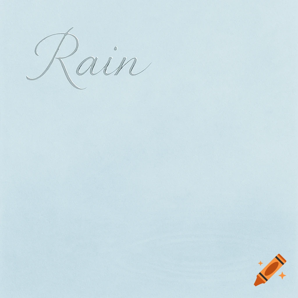 A pale blue background with the word 'Rain' in an elegant script font in the top left corner.