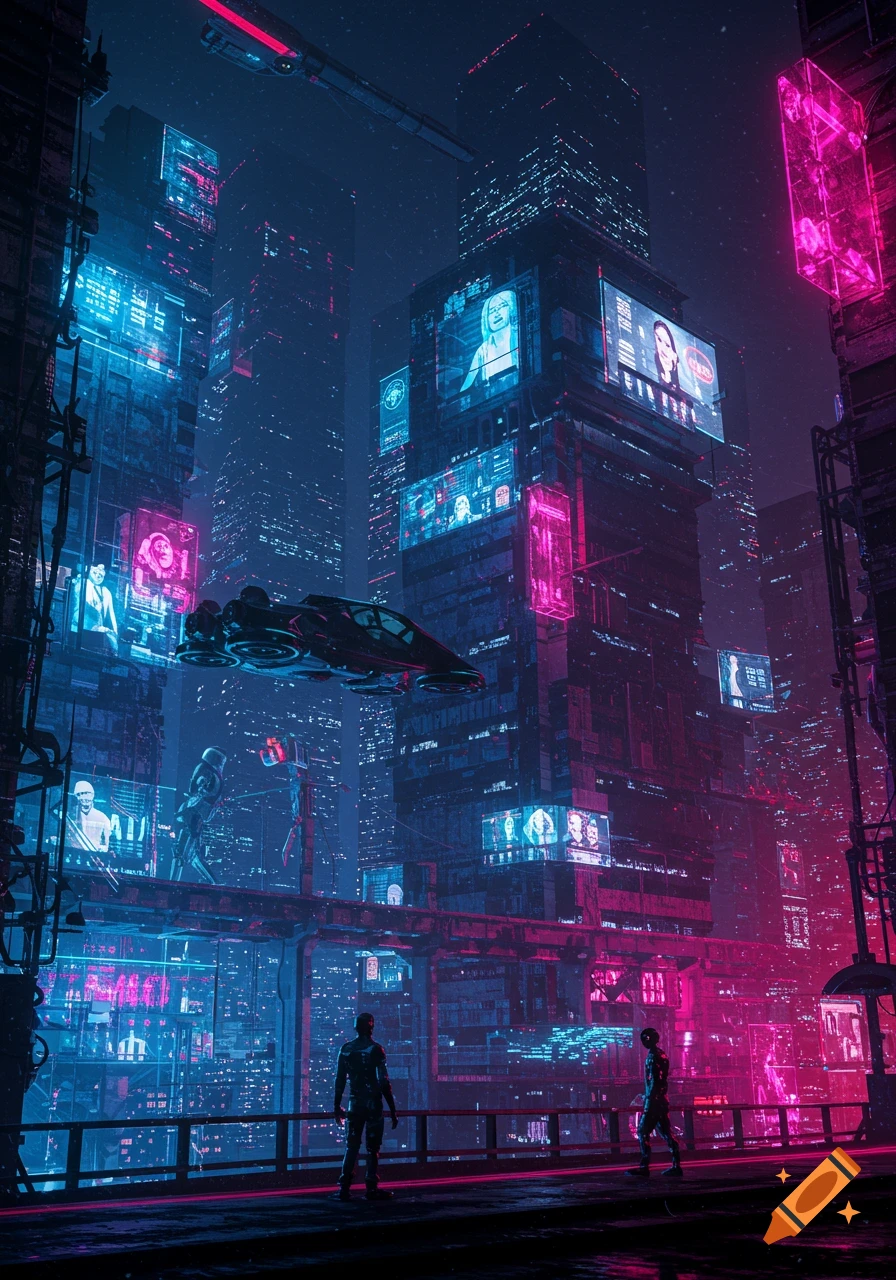 A vibrant, neon-lit futuristic city at night, with towering skyscrapers, a flying vehicle, and two figures on a skywalk.