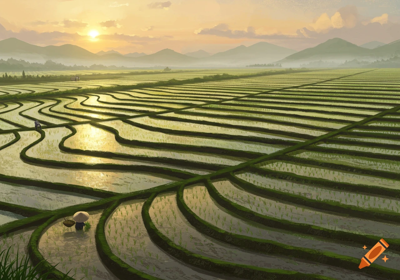 A digital painting of lush green rice paddies at sunset, with distant mountains and farmers tending the fields.
