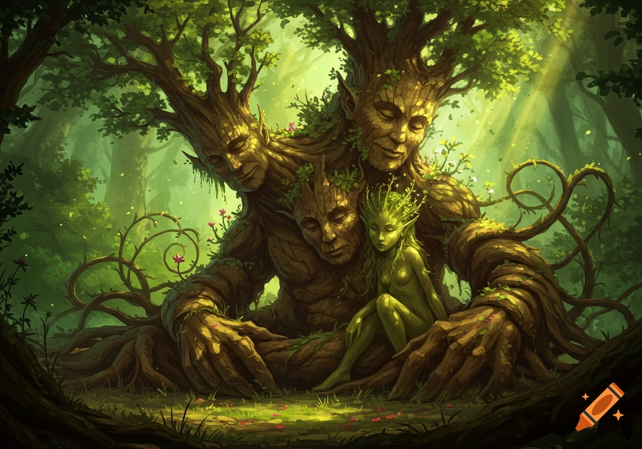 Several tree-like beings with faces embrace a small green plant nymph in a mystical, sunlit forest. Painted fantasy art.
