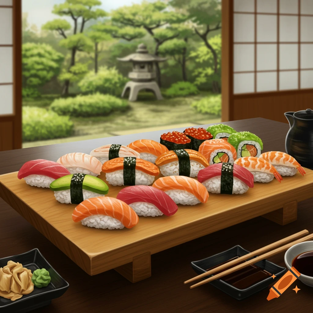 A wooden platter of various sushi, including nigiri and maki rolls, on a table with a blurred Japanese garden background.