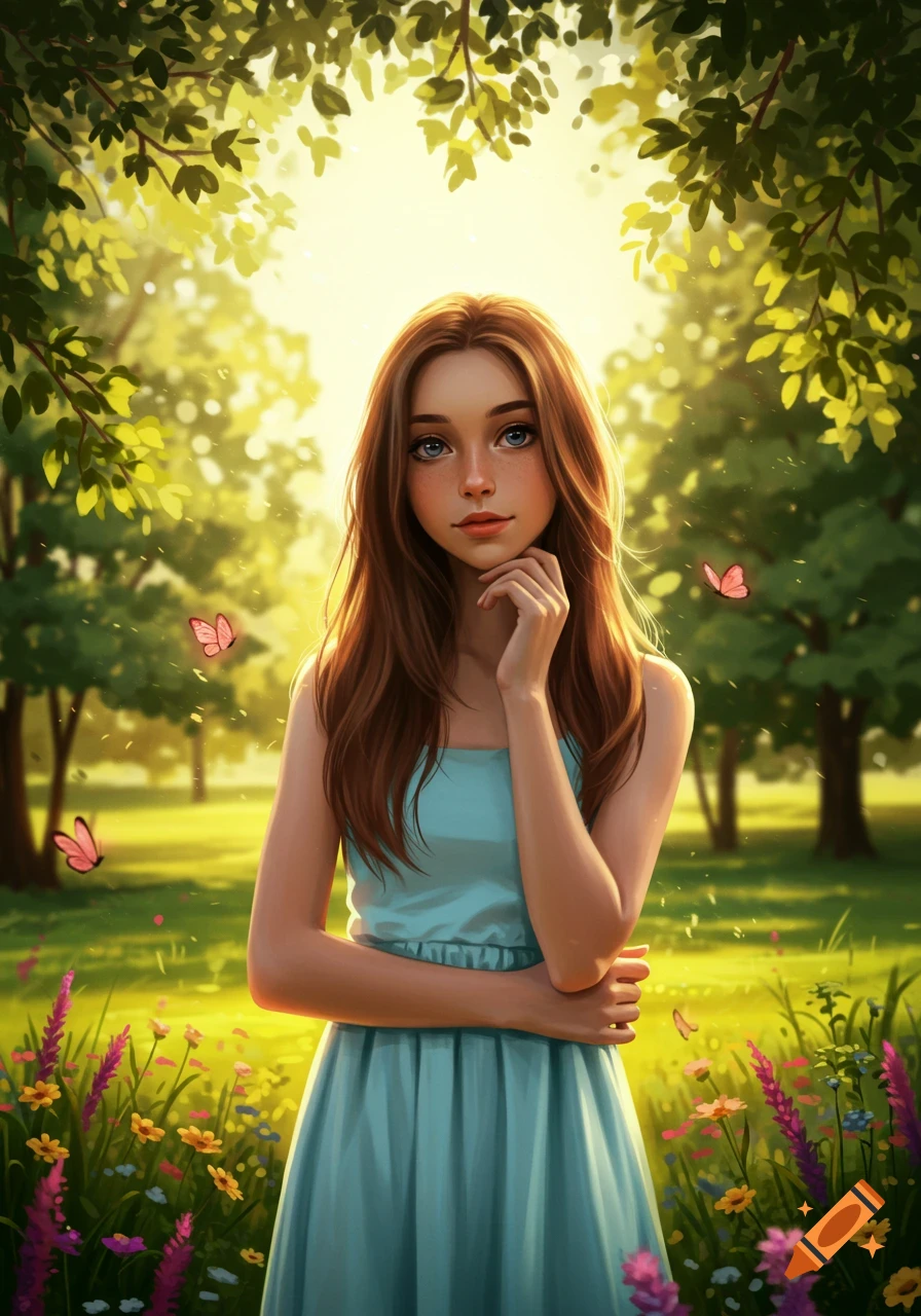 Digital art of a girl with brown hair in a blue dress, standing in a sunny field with wildflowers and butterflies.