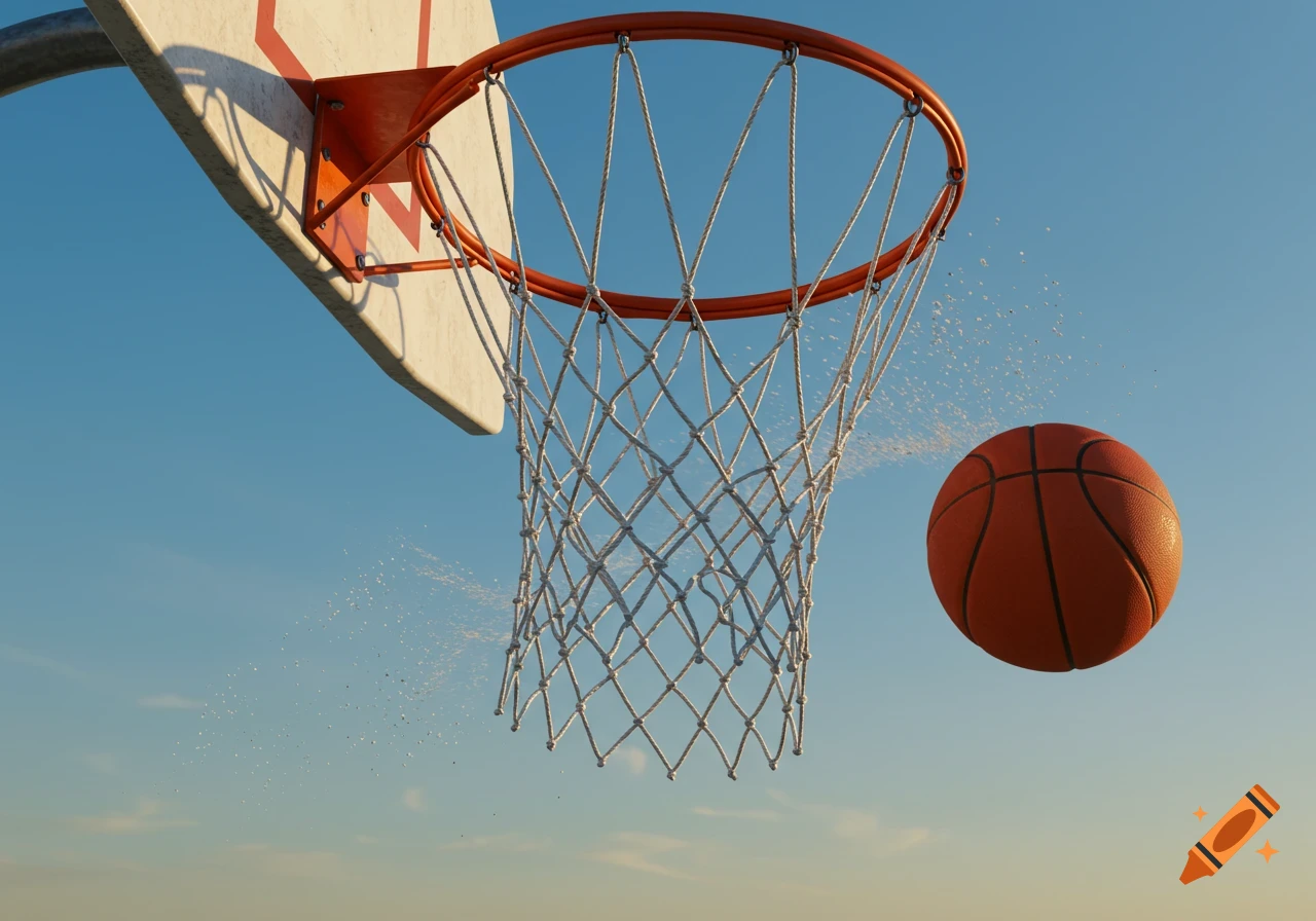 A photorealistic image of a basketball passing through a net with splashes against a clear blue sky.