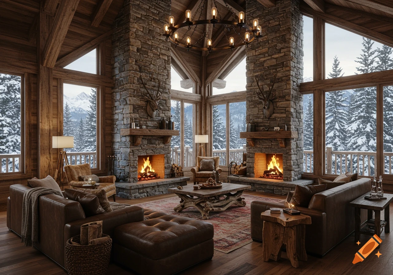 A photorealistic rustic cabin living room with two stone fireplaces, leather sofas, a large chandelier, and snowy mountain views.