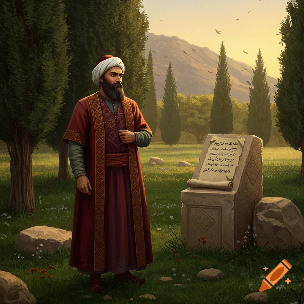 A bearded man in a red robe and white turban stands in a grassy field next to a stone monument, with trees and mountains at sunset.