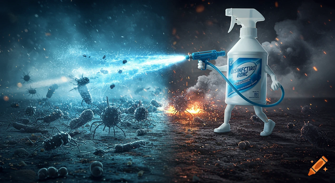 An anthropomorphic disinfectant spray bottle warrior shoots a blue beam at monstrous bacteria on a battleground, half clean, half infected. Photorealistic.