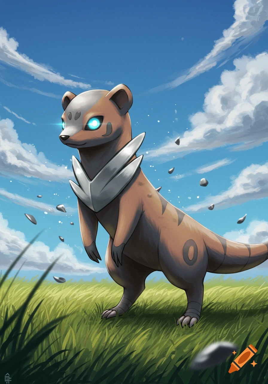 A stylized brown mongoose-like fakemon with glowing blue eyes and metallic armor stands in a green field under a blue, cloudy sky.