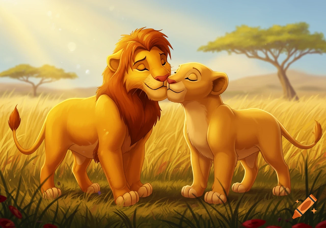 Two cartoon lions, a male with a mane and a female, nuzzle noses in a sunny savanna.