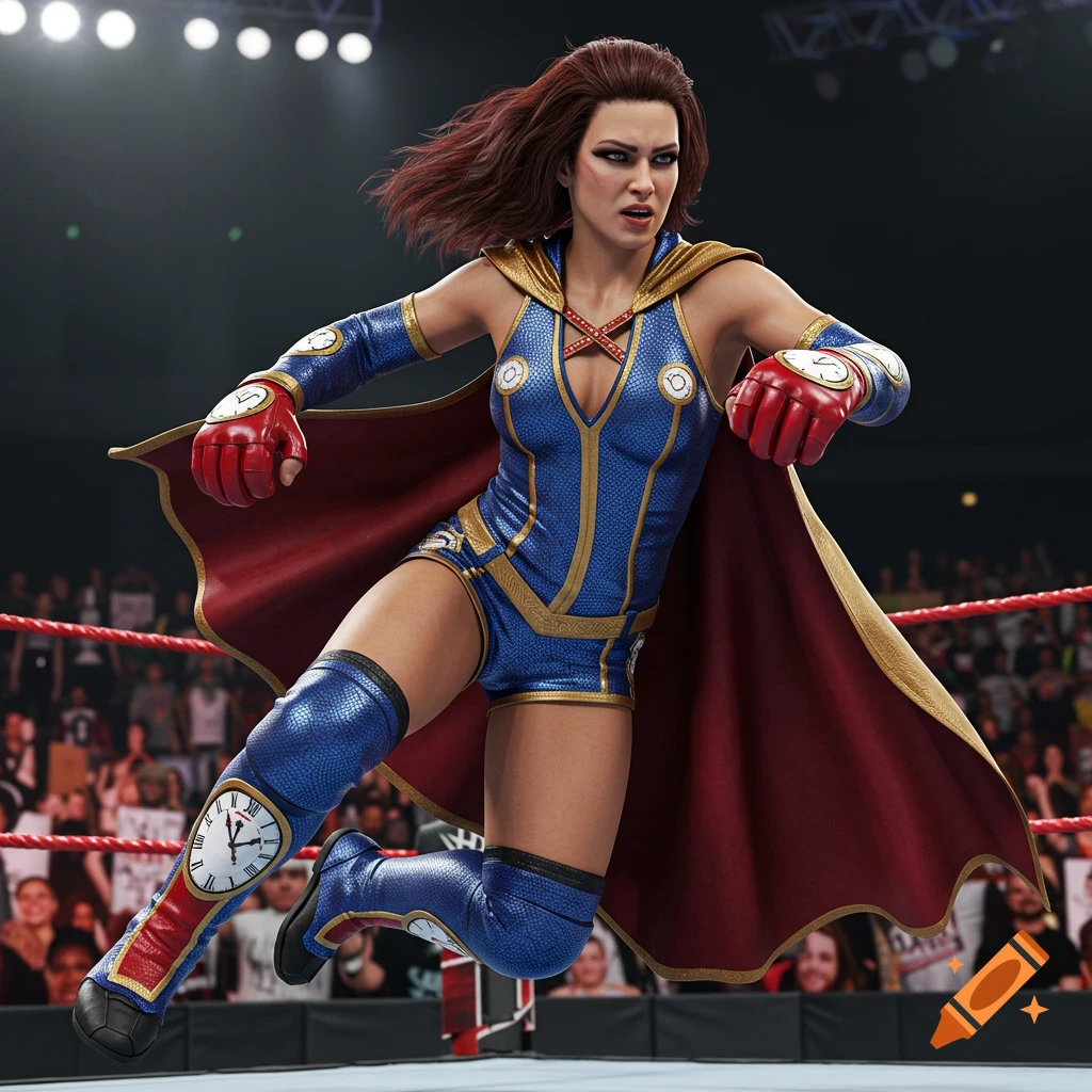 A female professional wrestler in a blue and gold leotard and red cape mid-jump in a wrestling ring, realistic style.