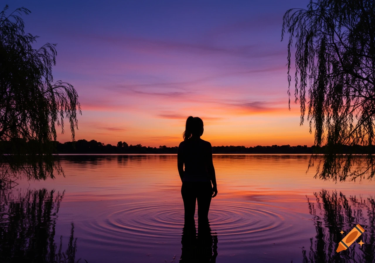 Silhouette of a person standing in a lake at sunset, with willow trees on the sides and ripples in the water.