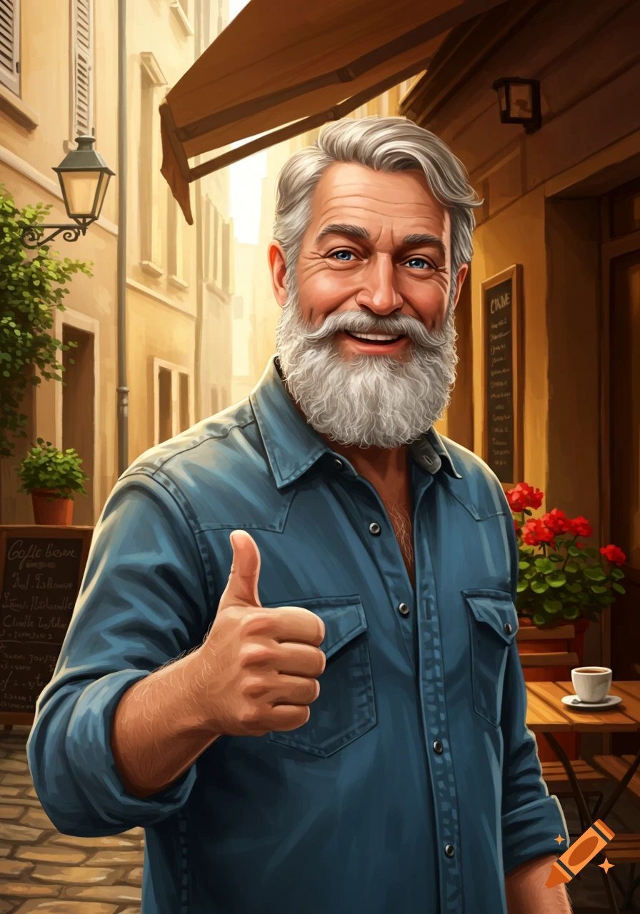 Smiling bearded man in a blue shirt giving a thumbs up, standing in front of a cafe in an illustrative style.
