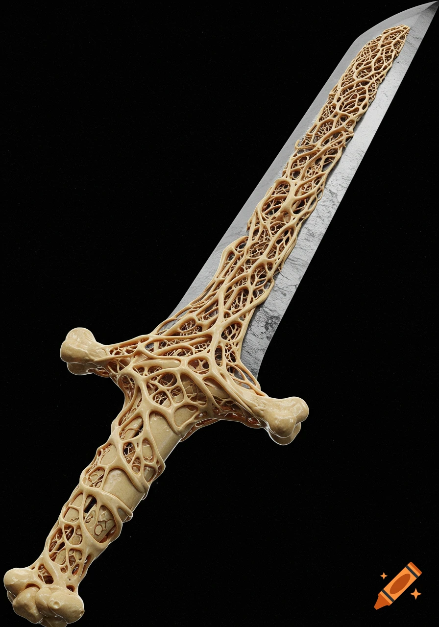 Highly detailed hyper-realistic render of a bone-structured hand-and-a-half sword against a black background.