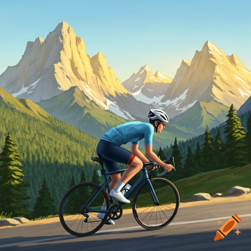 An illustration of a cyclist in a blue jersey riding a bicycle on a road with a mountainous and forested background.