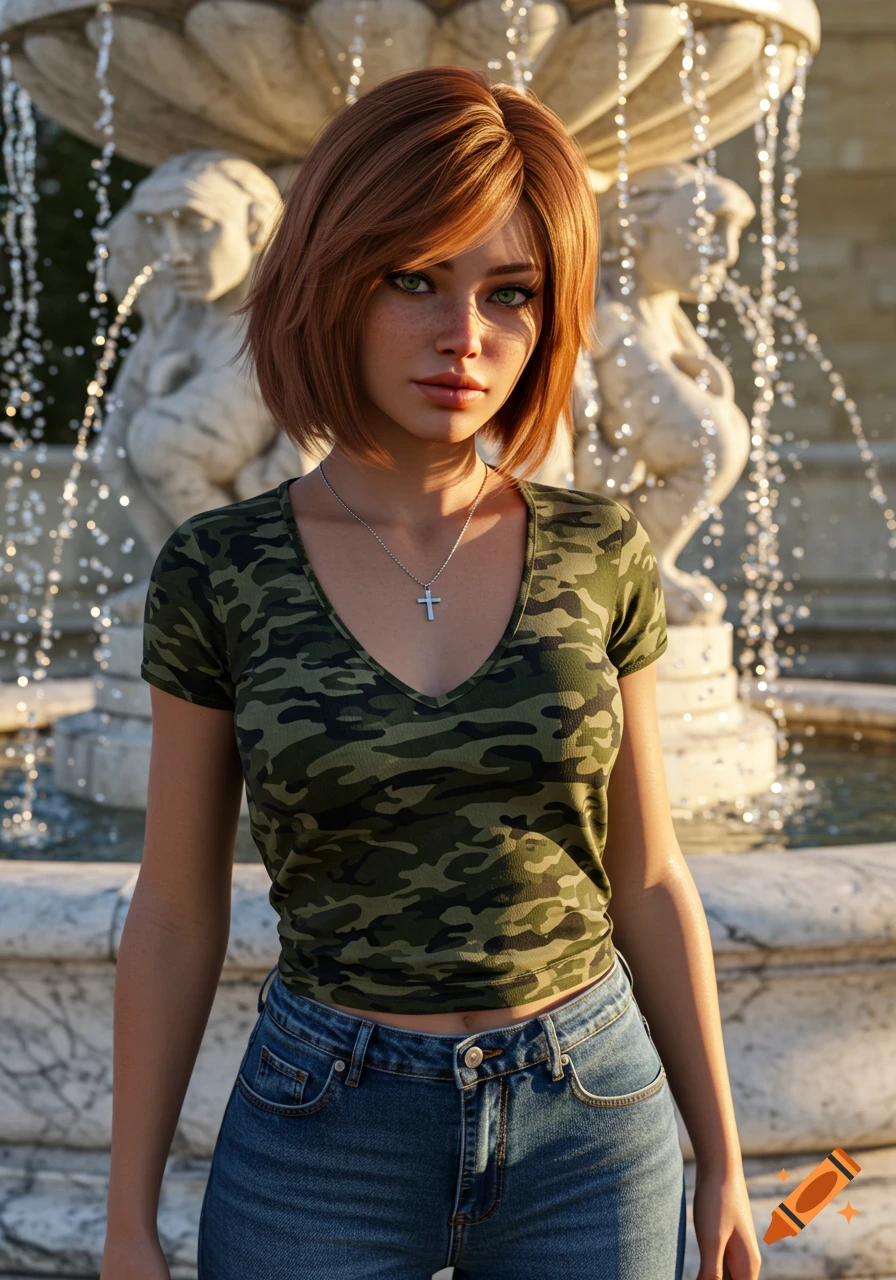 Photorealistic portrait of a young woman with strawberry-blonde bob, green eyes, and freckles, wearing a camo shirt and jeans with a cross necklace, standing by a marble fountain.