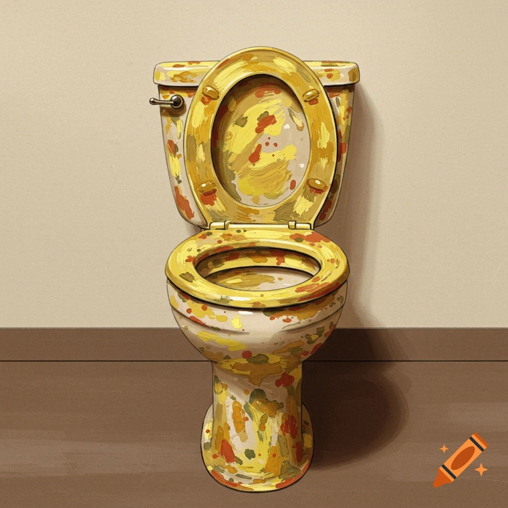 An artistic illustration of a toilet painted with abstract yellow, brown, and red tempera splatters.