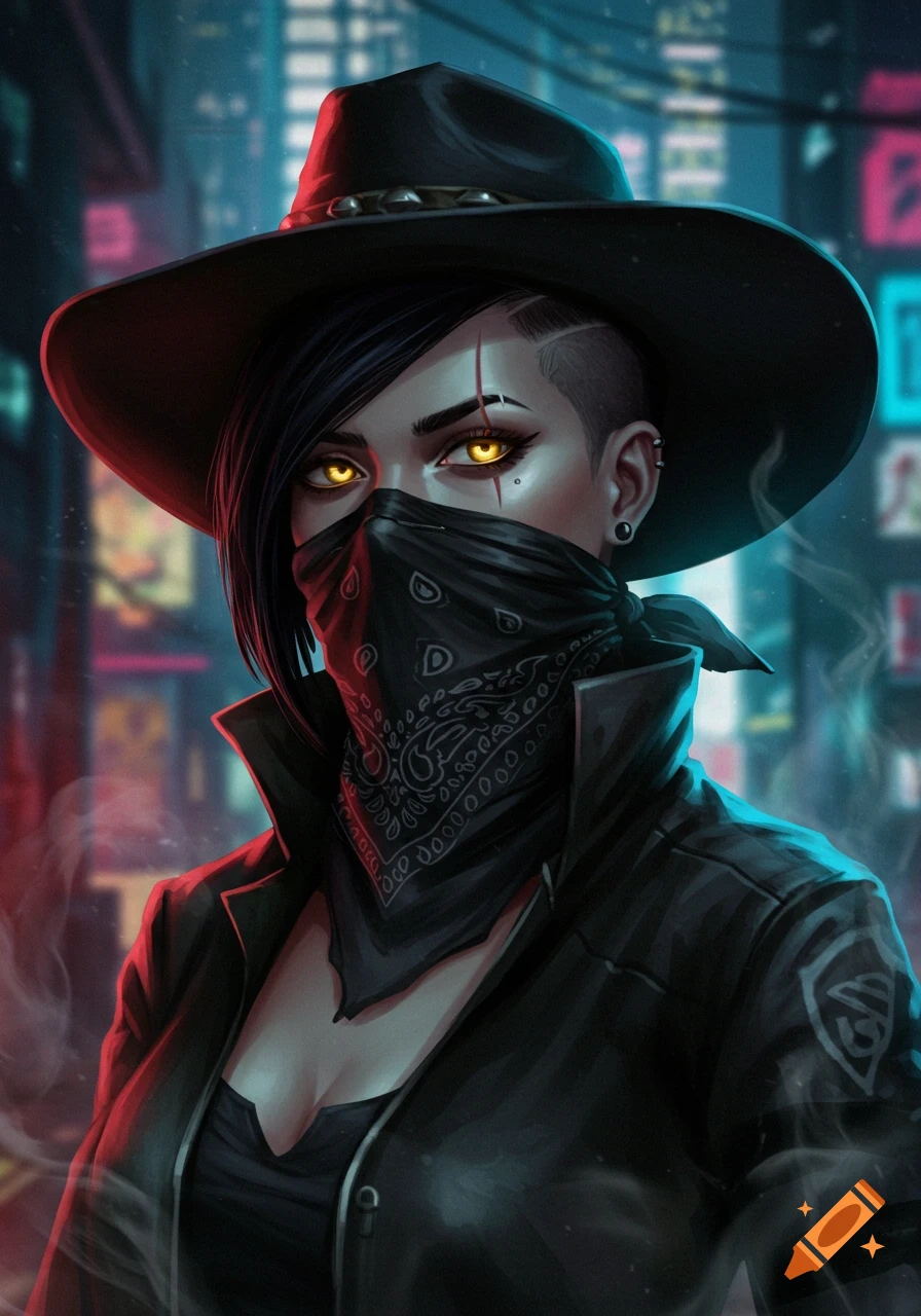 A stylized portrait of a woman with glowing golden eyes, shaved hair, black cowboy hat, and bandana over her face, in a neon cyberpunk city.